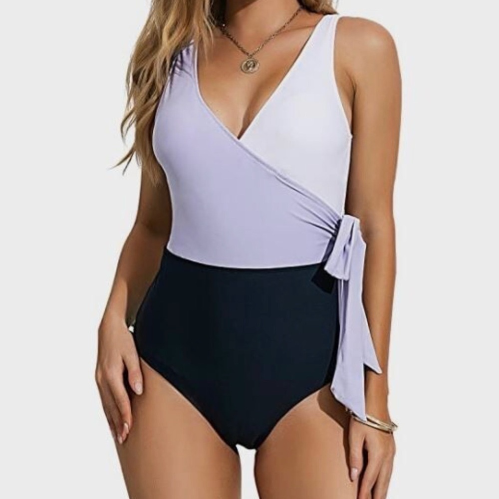 Cupshe Navy & Lilac White Colorblock V-Neck Wrap Side Tie One-Piece Swimsuit